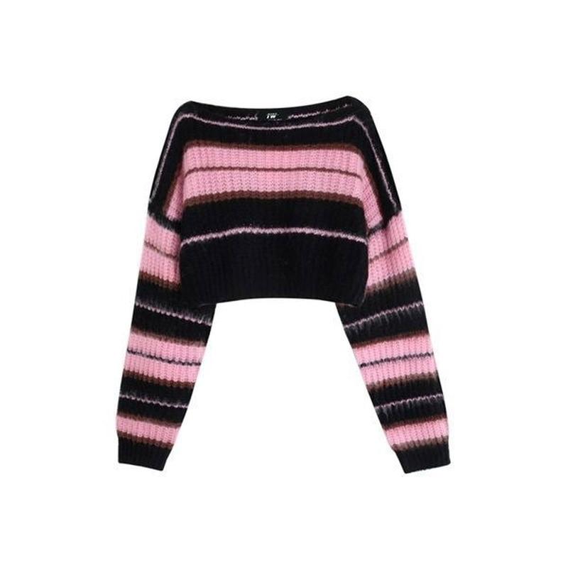 Y2K Koreanischen Stil Rosa Abgeschnitten Pullover Frauen Gestreiften Jumper Vintage Weibliche Herbst Langarm Crewneck Pullover Tops M