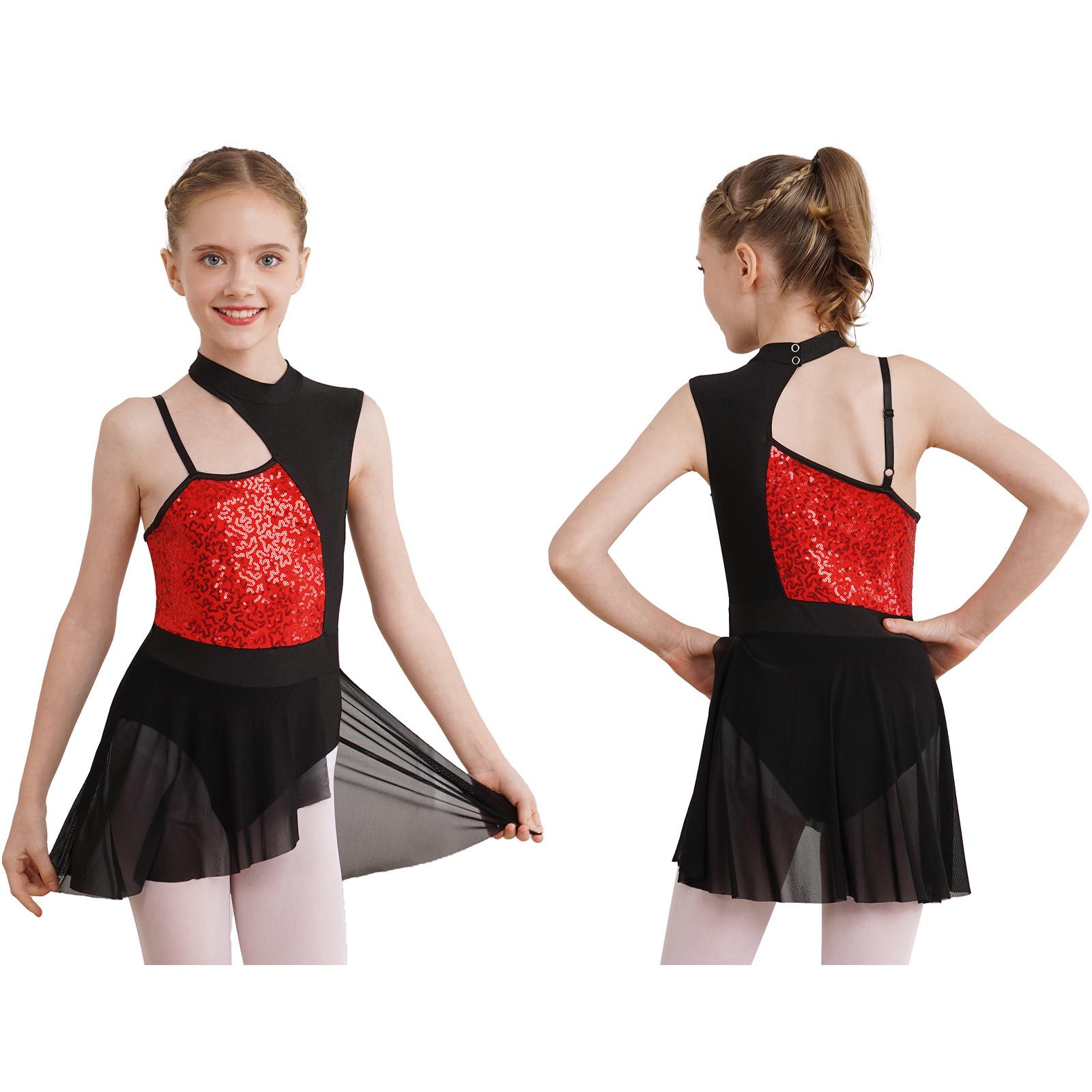 Lyrische Tanzkleid-Kostüme für Mädchen mit Stehkragen und Ausschnitt hinten für zeitgenössischen Balletttanz, Trikot-Wickelrock 9-10 Years rot