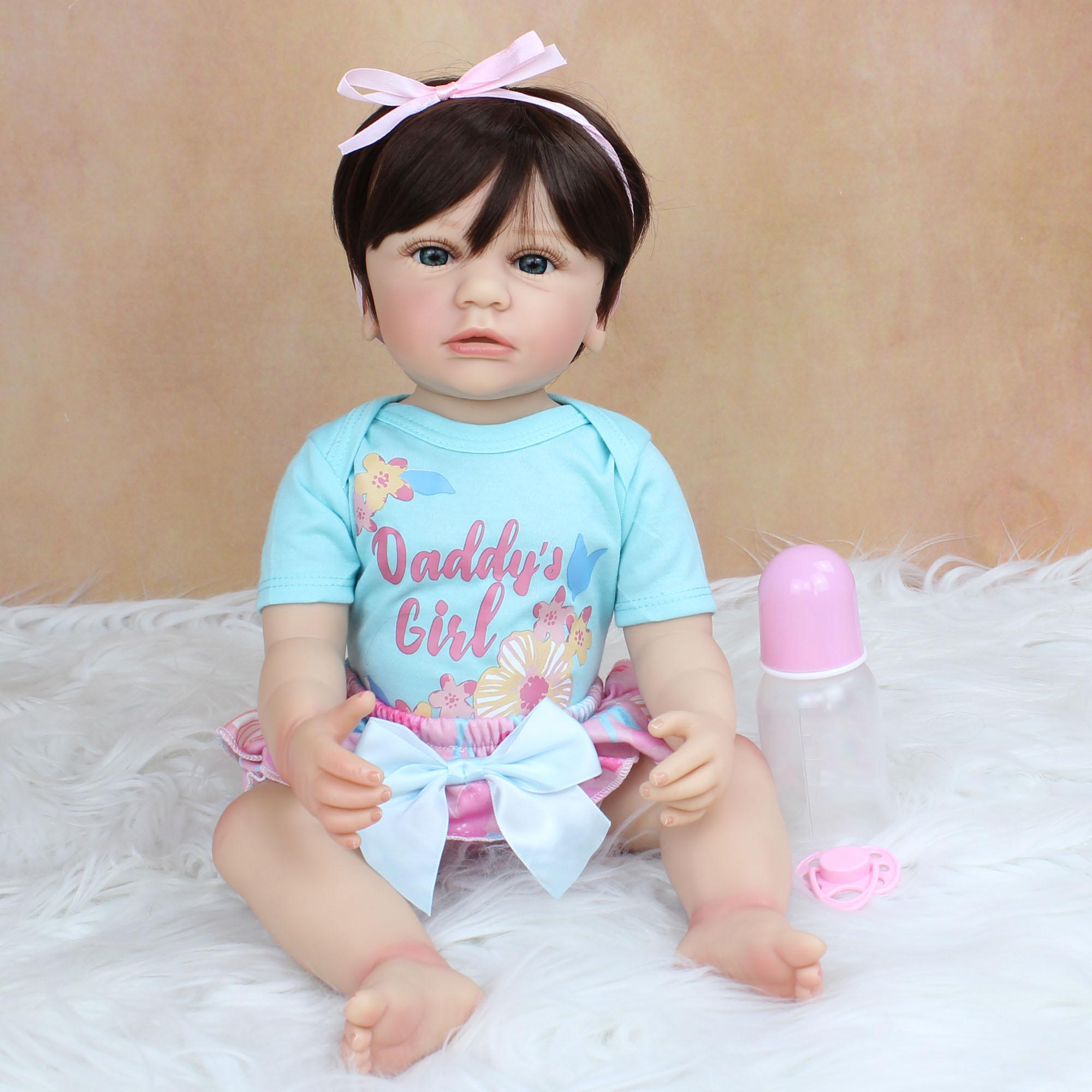 BZDOLL 55CM Volle Silikon Körper Reborn Baby Mädchen Puppe Spielzeug Weiche Vinyl Prinzessin Kleinkind Klassische Dress Up Boneca Geburtstag geschenk Geschenk Blue eyes, 55cm Doll