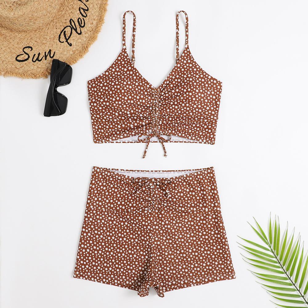 High Waist Bikini Badeanzug Damen Push Up Bikini Floral Badeanzug Print Bikini Boxers Bademode Badehose Badeanzug L braun