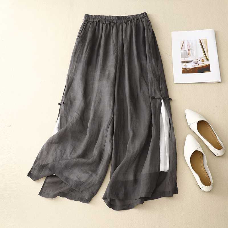 Damen Sommer Cool Comfort Schlitzsaum Knopfleiste Weitbein Hose Böhmisch Lässig Weitbein Rock-Hose S grau