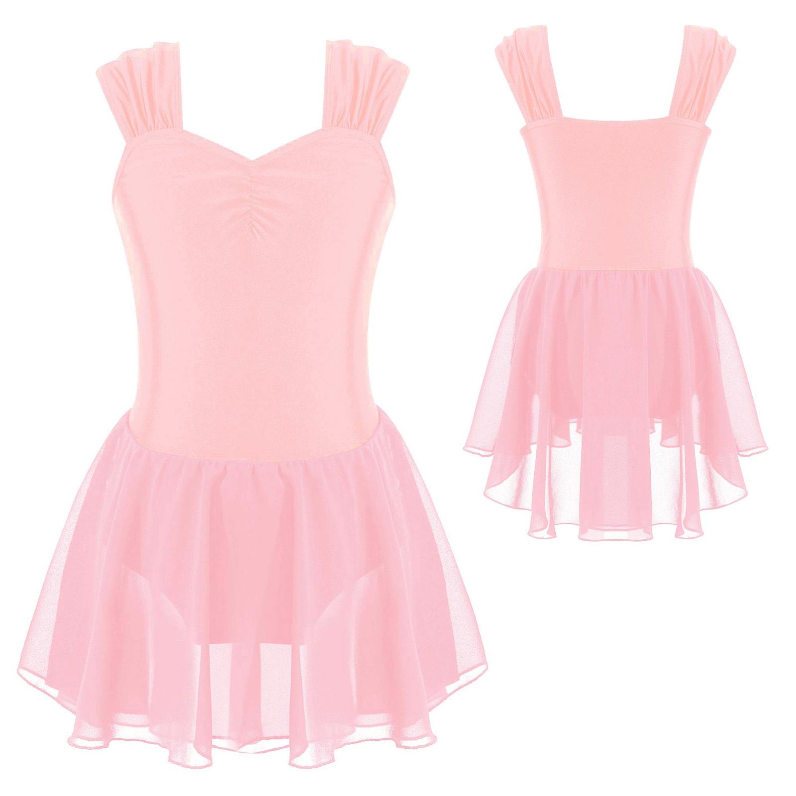 Ballett Tutu Turnanzug Kleid Kinder Ballerina Ärmellos Geraffte Kleider Mädchen Gymnastik Lyrischer Tanz Kostüme 11-12 Years rosa