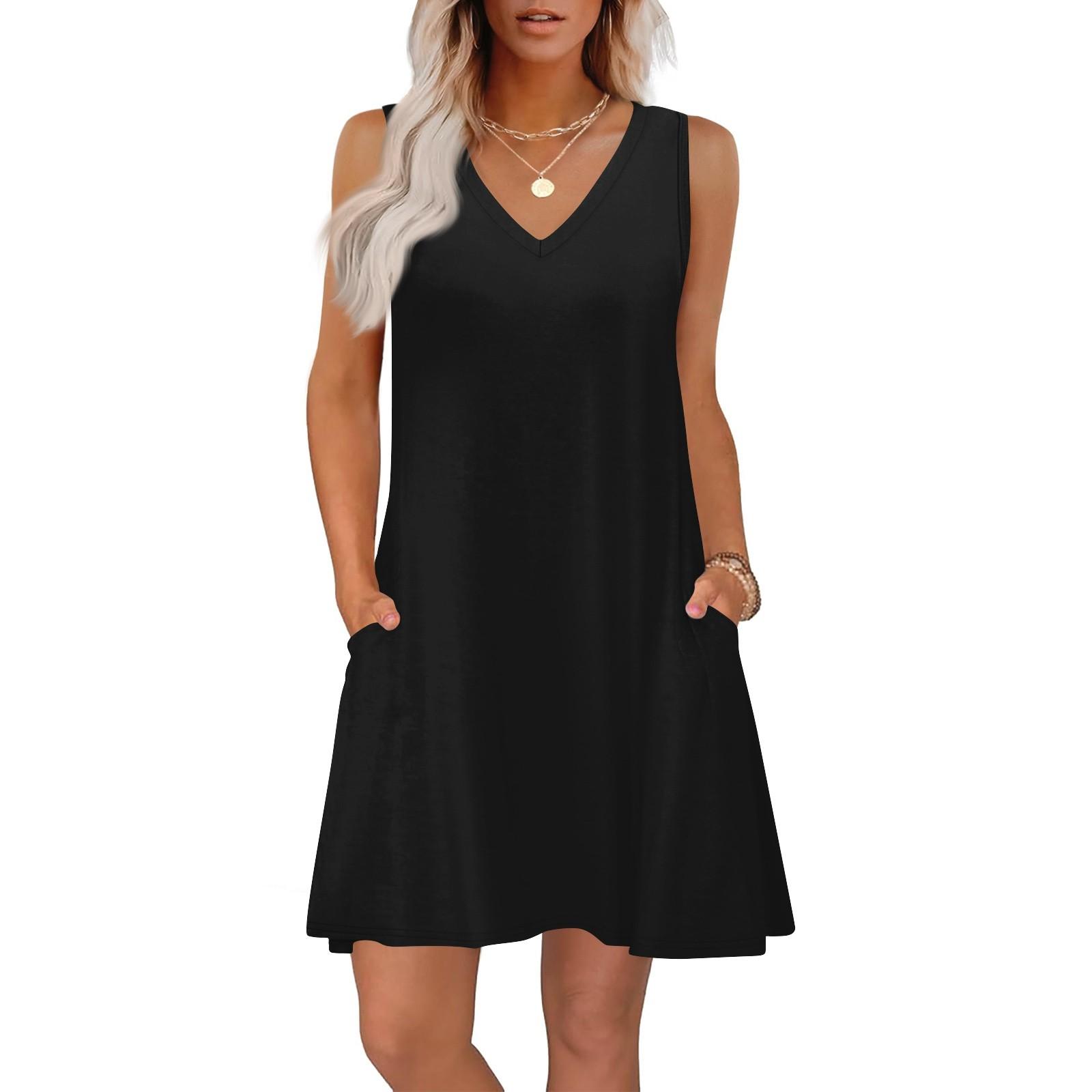 Sommerkleider für Damen, lockere Passform, einfarbig, V-Ausschnitt, ärmellos, Sommerkleider, Strand, Hawaiikleid mit Taschen XXL schwarz