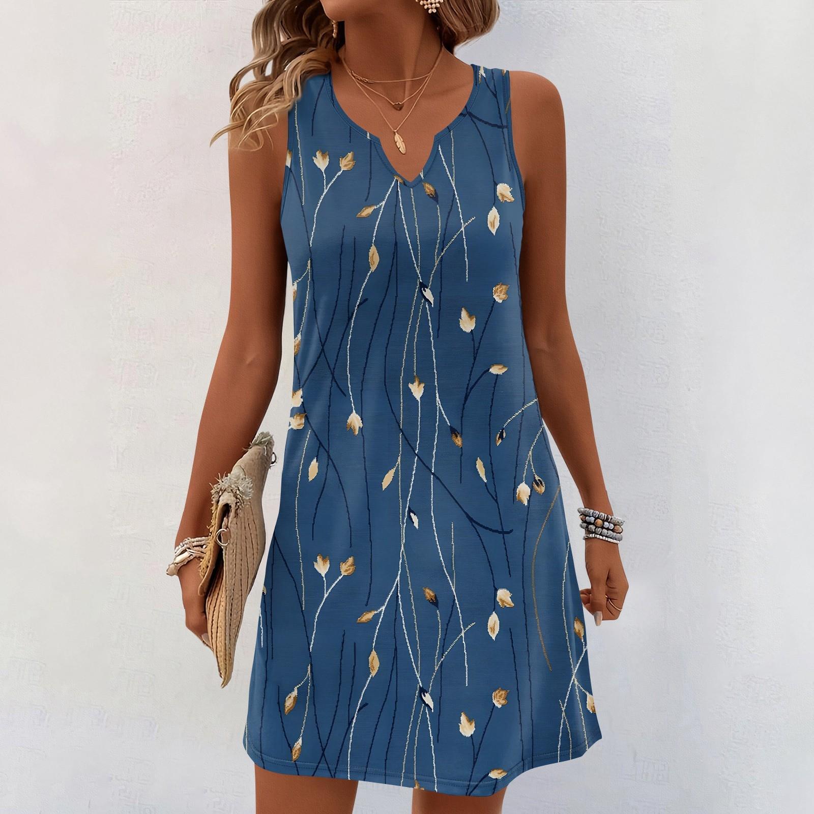 Damen Sommerkleider V-Ausschnitt Print Ärmelloses Sommerkleid Freizeitkleid XXXL dunkelblau