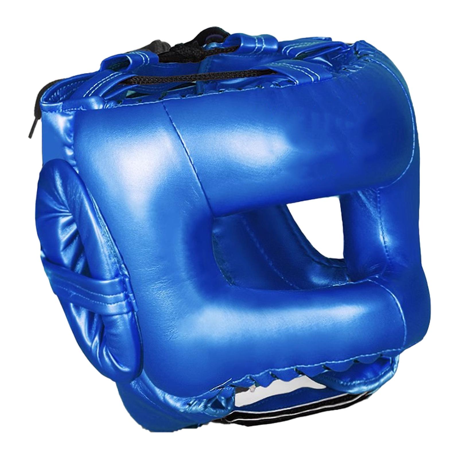 Vollgesichts-Kickbox-Helme PU-Leder Trainings-Sparring Kopfschutz Helme Kampfsport Kopfschutz Protector Langlebig S blau