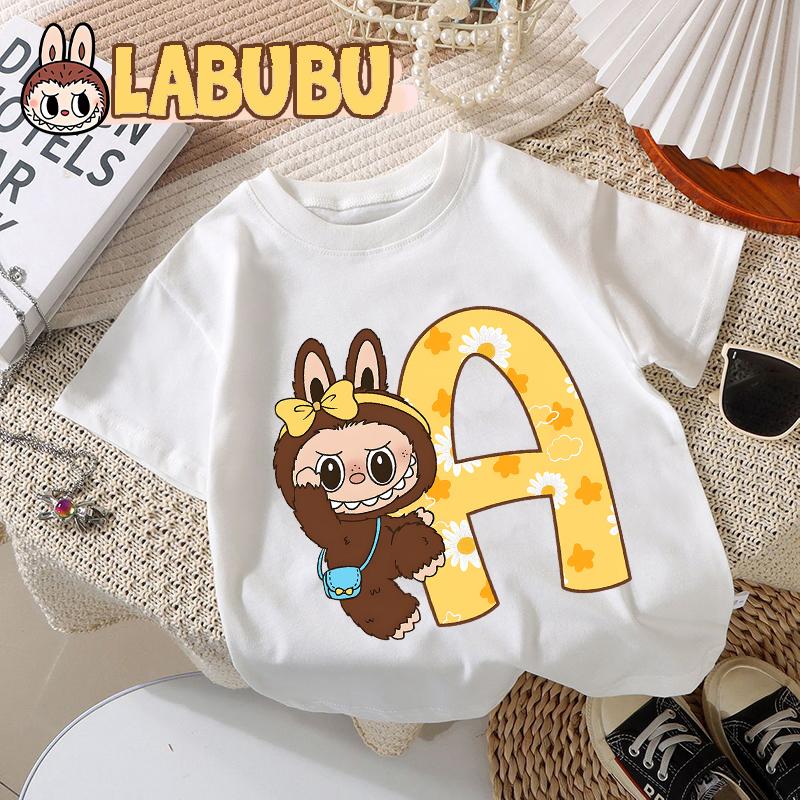 Labubu T-Shirt Buchstaben A-Z Aufdruck Kurzarm Jungen Mädchen Kleidung Mode Baumwolle Kinderbekleidung Kawaii Kleinkind Geburtstagsoberteile 140