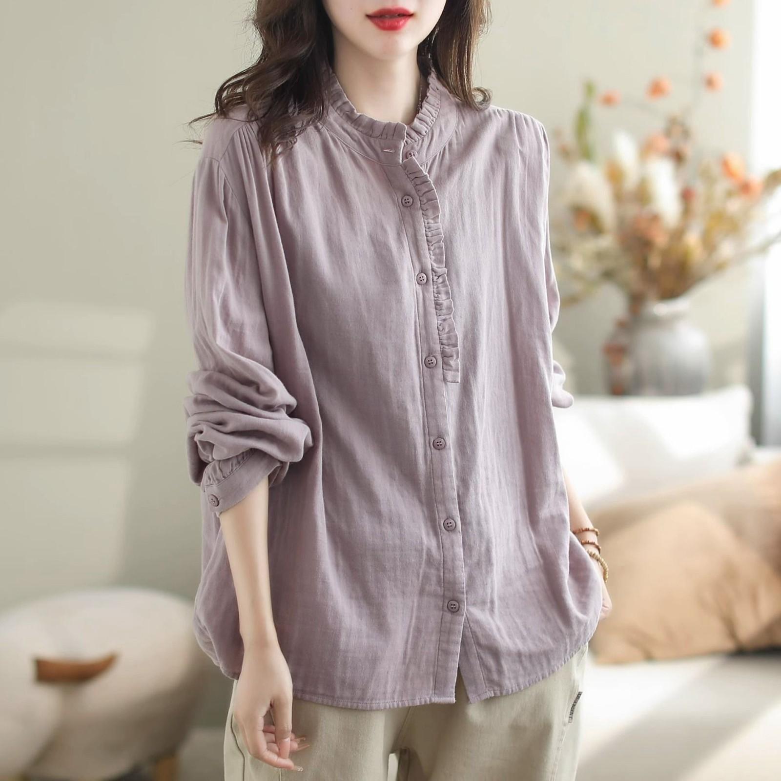 Vintage Baumwoll-Leinen-Hemden und Blusen Sommer Herbst Lässiges Langarmhemd Rüschen Button Up Shirt Übergroße Blusen Tops XXXL violett