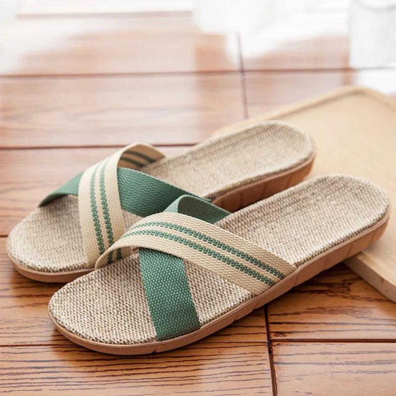 Mode Sommer Leinen Damen Hausschuhe Flache Sandalen Heimfarbe EVA Leichte Schuhe für Damen Lässige Hausschuhe 2025 37-38 grün