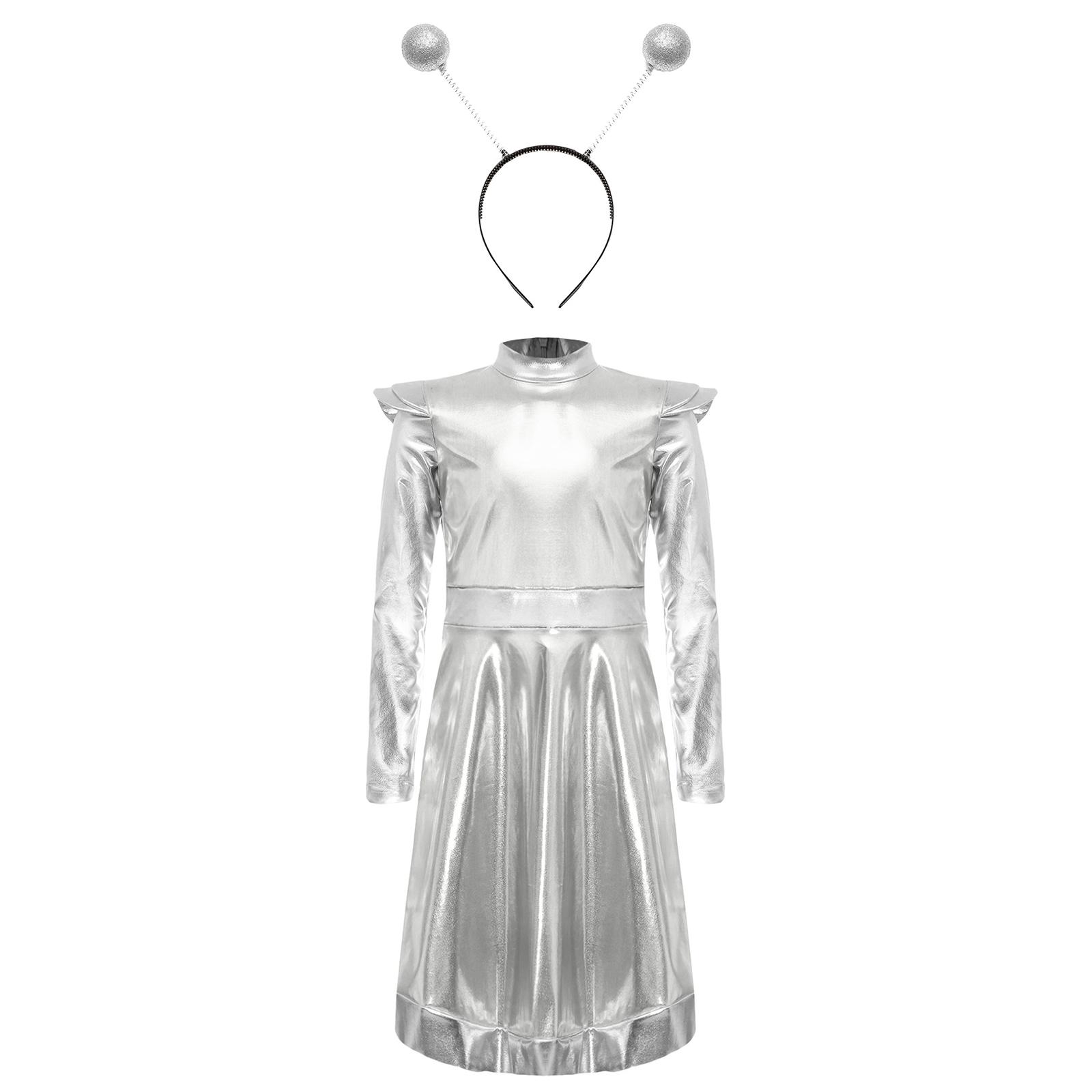 Mädchen Weltraum Alien Kostüm Set 2 Teile Weltraum Kleid Alien Haarreif Cosplay Auftritt 7-8 Years silber