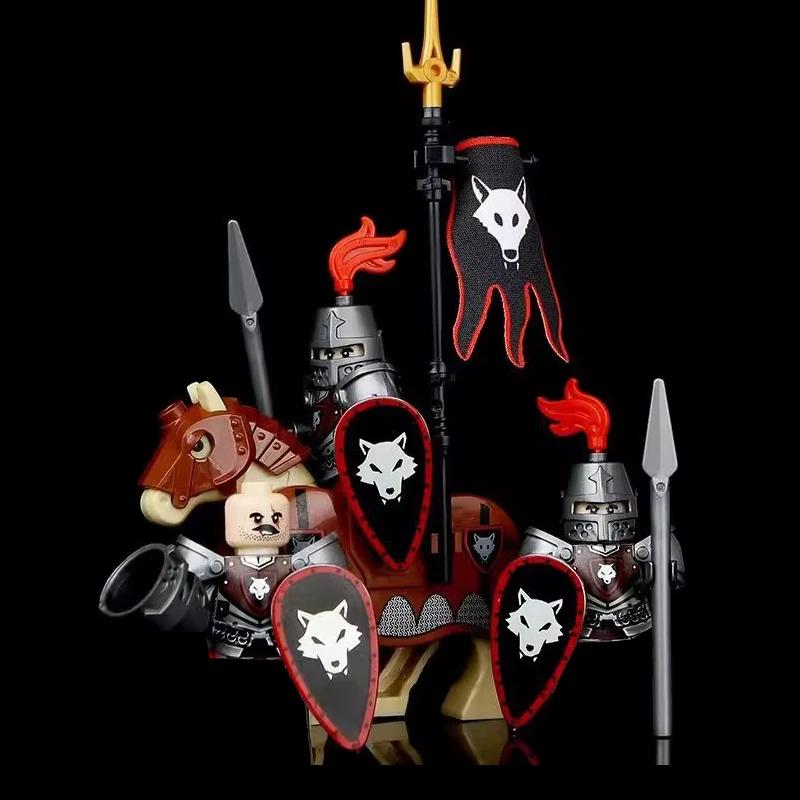 Mittelalterliche Burg MOC Bausteine Wolfskrieger Soldatenfigur Kreuzritter Ritter Pferd Fahne Westen Schild Waffe Spielzeug Geschenke T022 bernstein