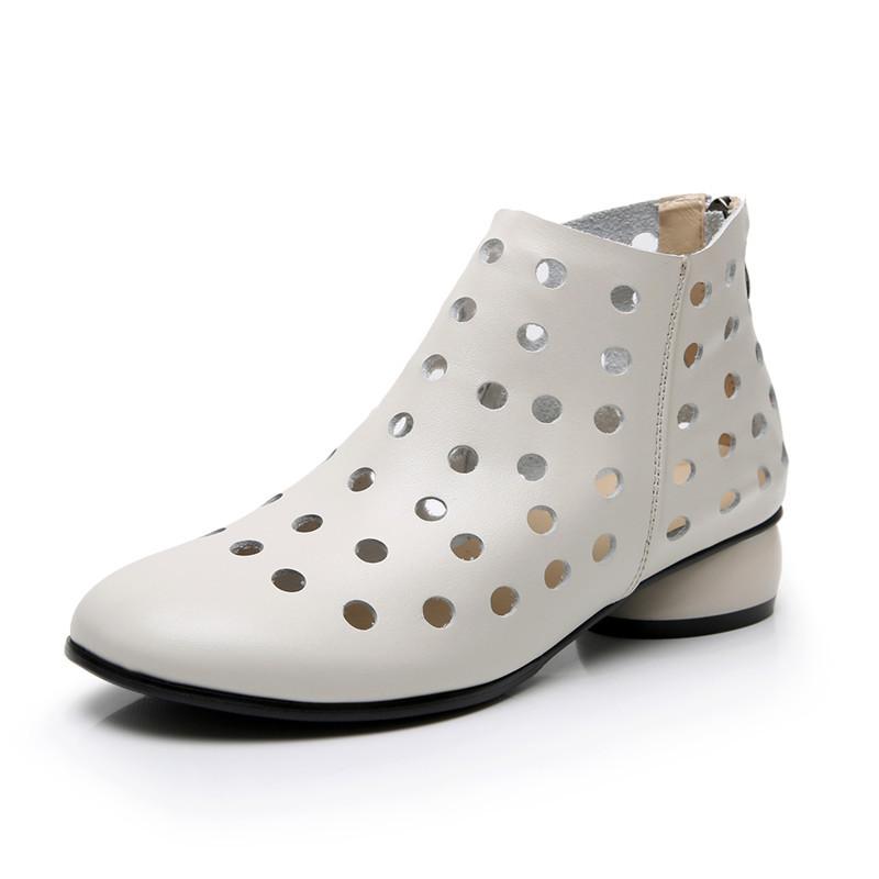 Kurzstiefel Damen Echtleder Sandalen Dicke Absätze Aushöhlungen Damenschuhe 2025 Neu Frühling Sommer Rindsleder Damenschuhe 34-43 38 beige