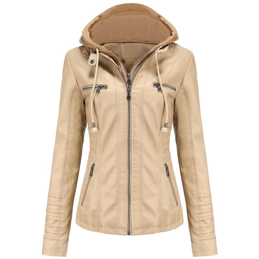 Abnehmbare Kapuzen-Kunstlederjacke für Damen, Motocross-Racer, Biker, Doppelreißverschluss, schmaler PU-Motorrad-Kurzmantel, klassische Bomber-Oberbekleidung, S-4XL 2XL apricot