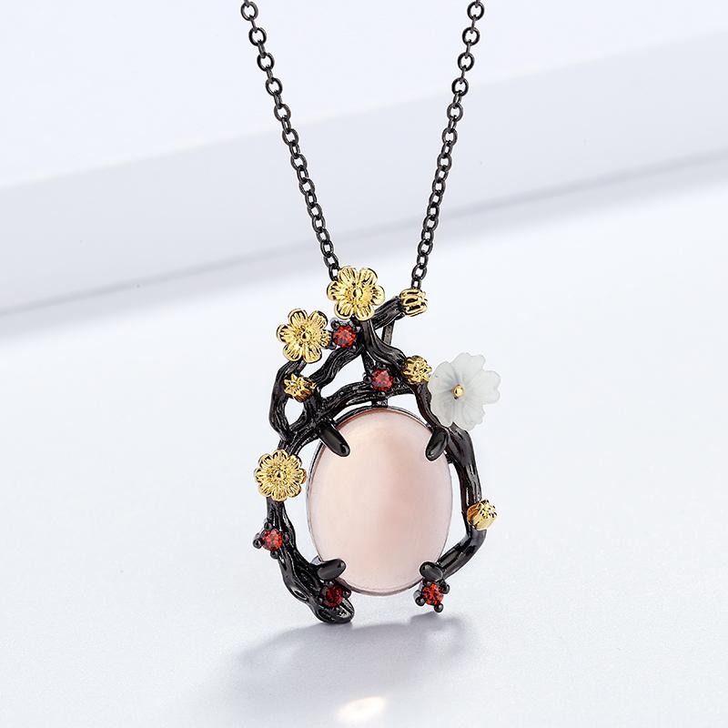 Elegante Retro Frische Blume Weißer Jade Anhänger Halskette Blume Kreativer Anhänger Halskette Damen 925 Schmuck Pullover Kette Gold-color white