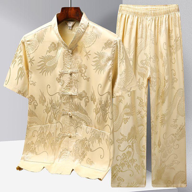 Tang-Anzug Herren Kurzarmhemd aus Eisseide, Anzug für mittleres und älteres Alter, neuer chinesischer Hanfu, Morgengymnastikanzug für Papa und Opa, Tai-Chi-Anzug, Sommer XXXL beige