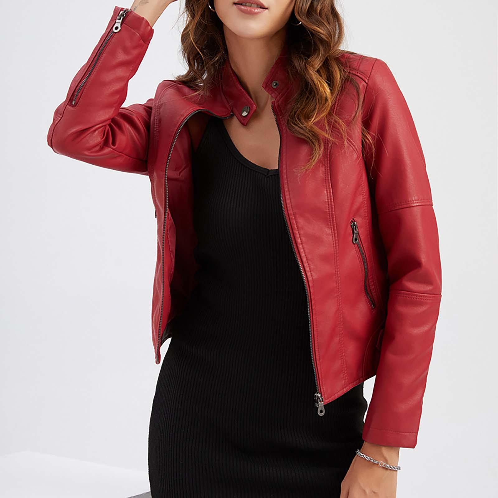 Damen Slim Fit Jacke Damen Motorradbekleidung, Stehkragen Lederjacke L rot