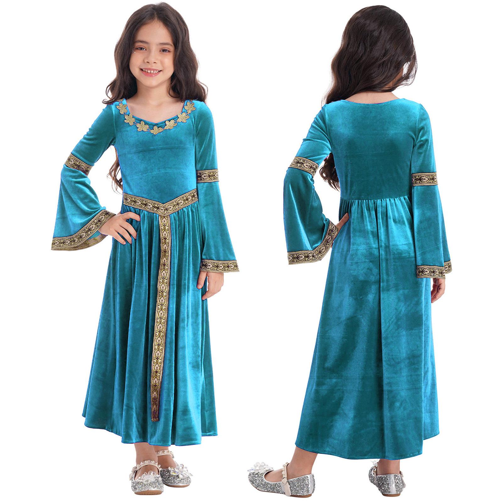 Mittelalter Kostüm Mädchen Mittelalterkleid Vintage Prinzessin Maxikleid Renaissance Cosplay Kostüm Partykleid 13-14 Years hellblaue