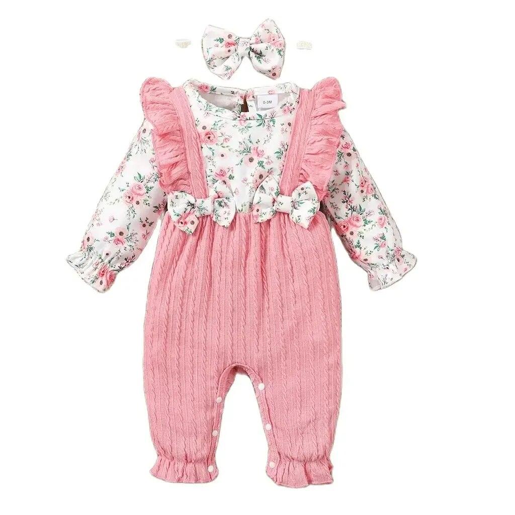 0-18 Monate Neugeborenes Baby Mädchen Strampler Süß Geblümt Langarm mit Schleife Body+Stirnband Kleinkind Mädchen Frühling&Herbst Strampler 12-18m white