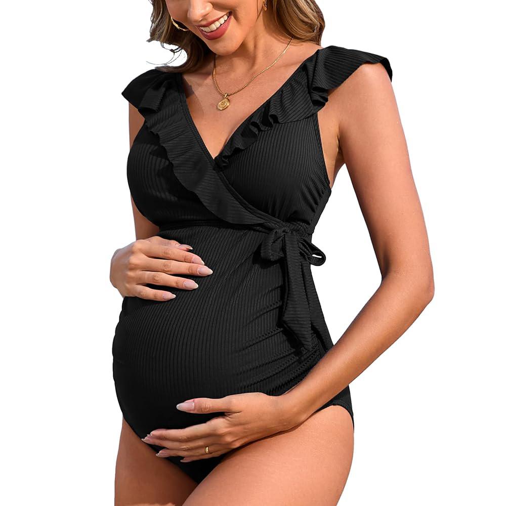 Charmleaks Gerippter Umstands-Badeanzug mit Rüschen, V-Ausschnitt, seitlichem Bindeband, Strick, einteiliger Schwangerschafts-Badeanzug, Push-Up-Bademode für Frauen S schwarz