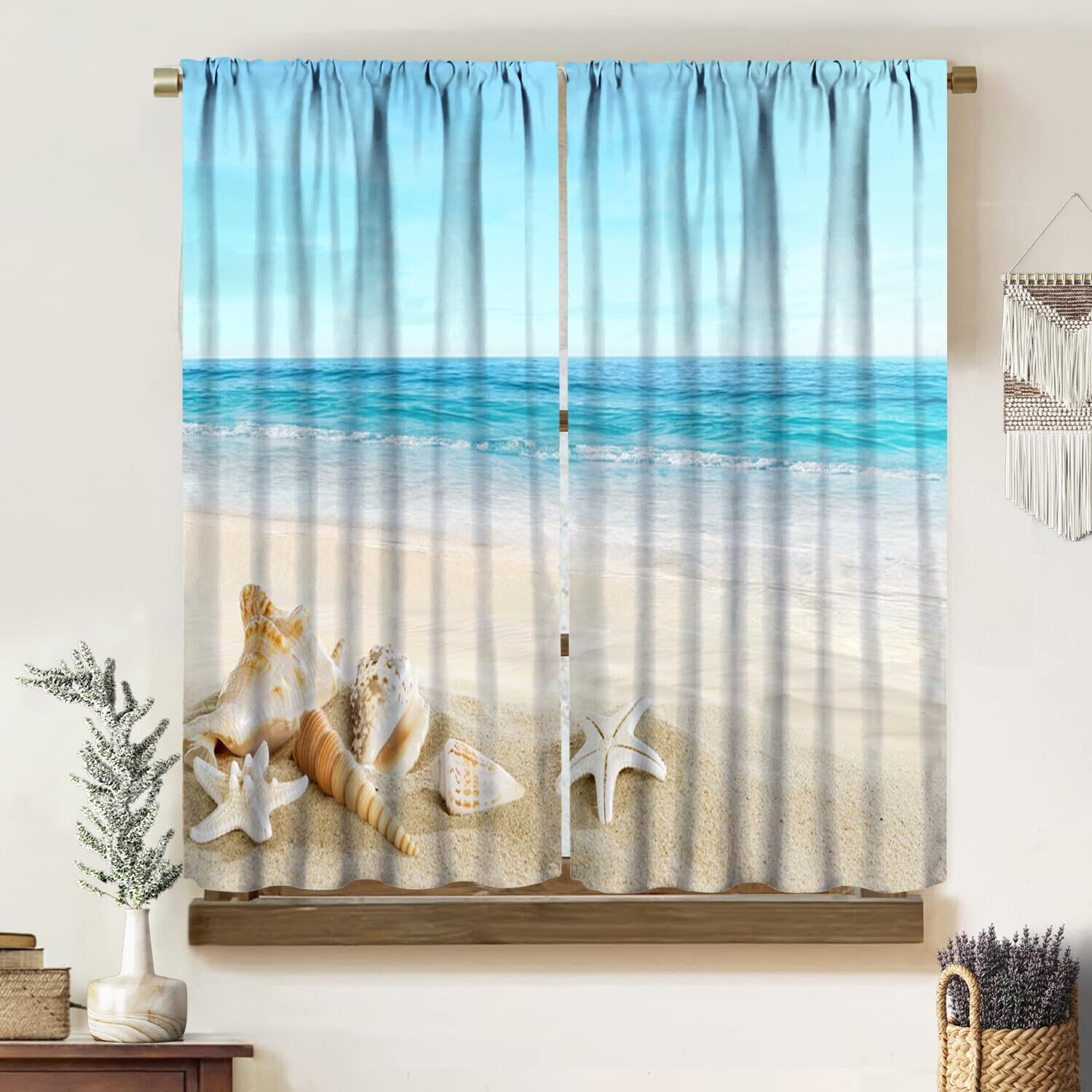 Ozean Vorhänge Heißer Sommer Strand Meeresküsten Landschaft Seesterne Muscheln Nautisch Meeresleben Druck Stangentasche Fensterdekorationen Vorhänge für 100*130 Grommet Top 1pcs