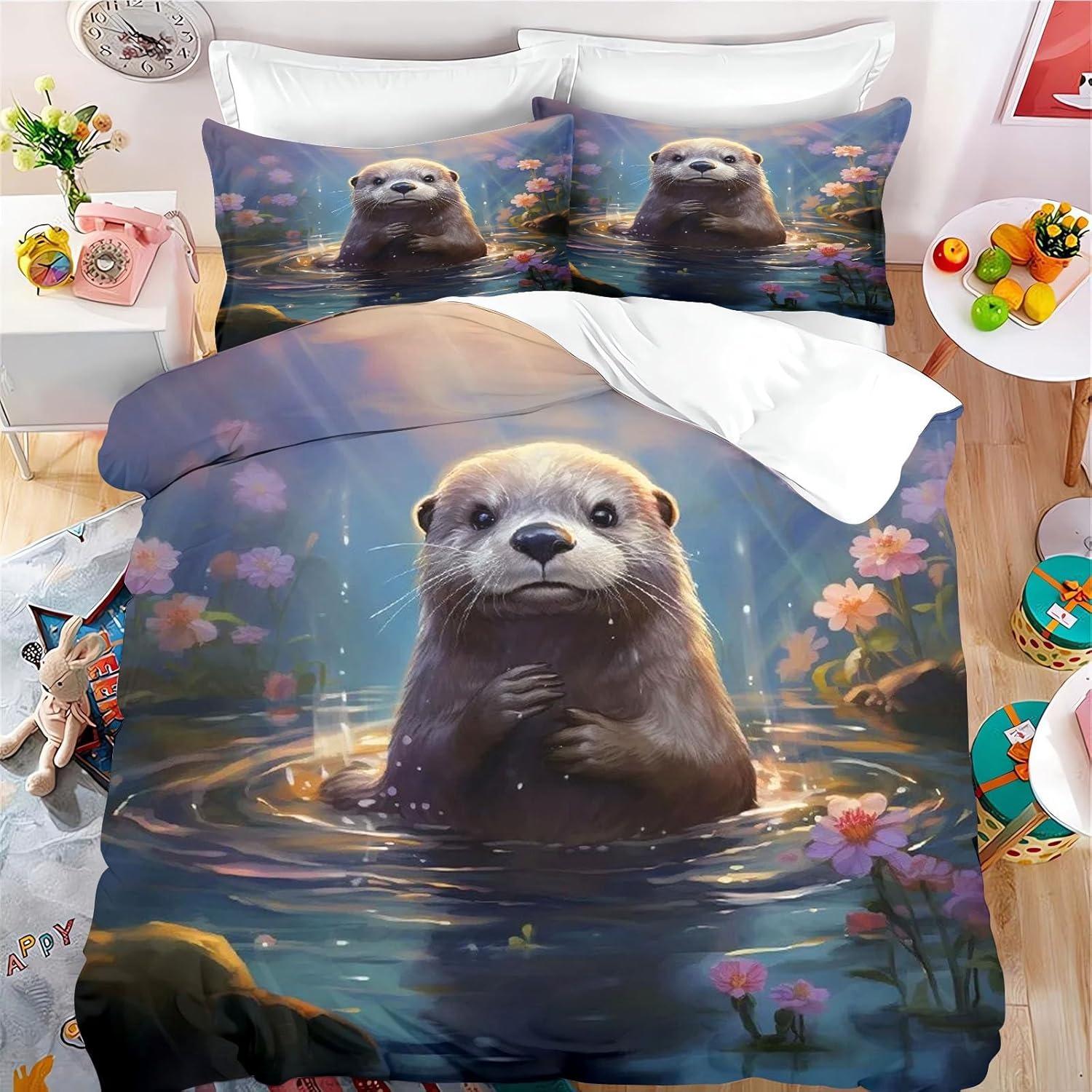 Süßes Otter-Bettbezug-Set, Mikrofaser Seeotter Bettwäsche-Set, 3D-Druck Ottertier Bettbezug-Set für Kinder und Erwachsene Geschenk 135X200cm
