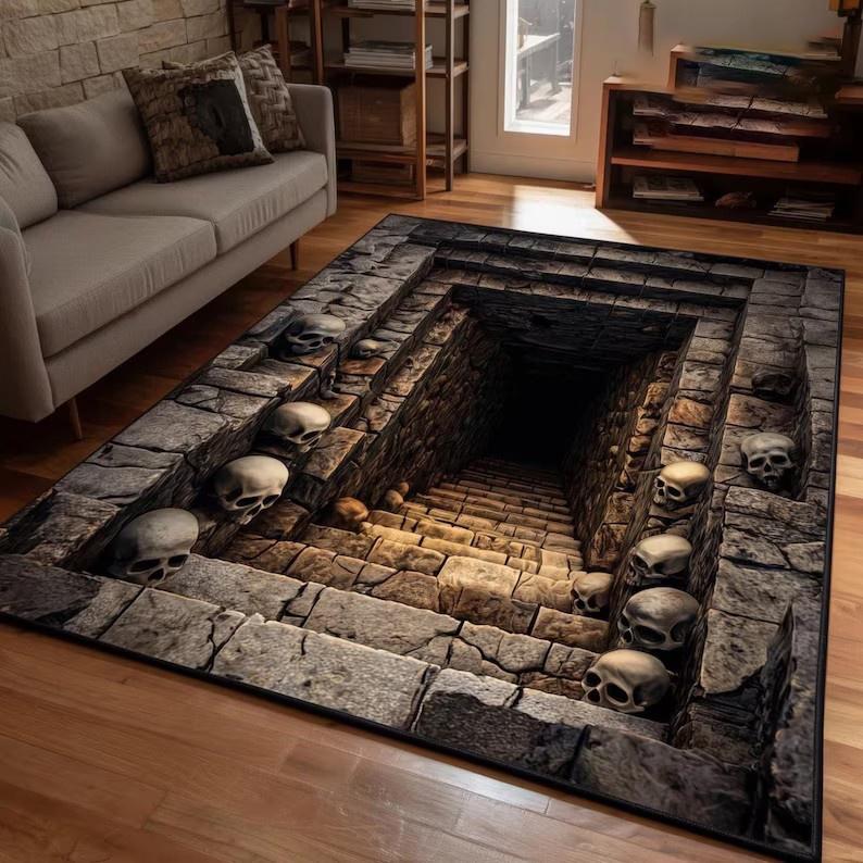 3D-Illusion Halloween-Teppich 3D-Skelett Halloween-Teppich Gruselige Treppen-Illusion Teppich Gotischer Halloween-Teppich 40x60cm black