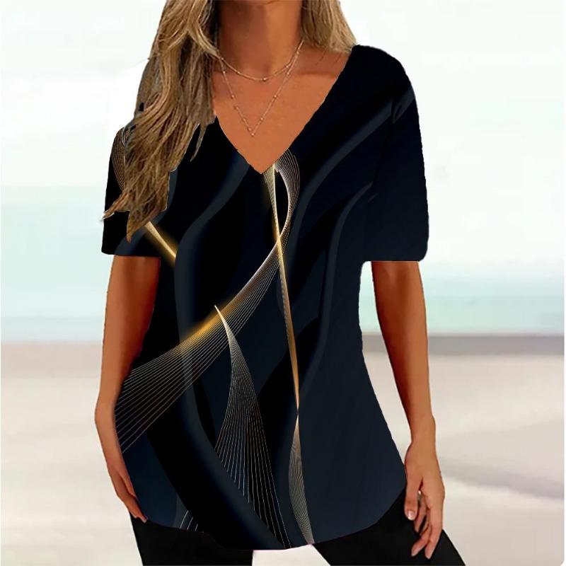 Damen T-Shirt mit 3D-Wellen-Kurve, modisch, V-Ausschnitt, Sommer, kurzärmelig, lose, Streetwear, Damenkleidung, lässiges T-Shirt für Damen 2XL