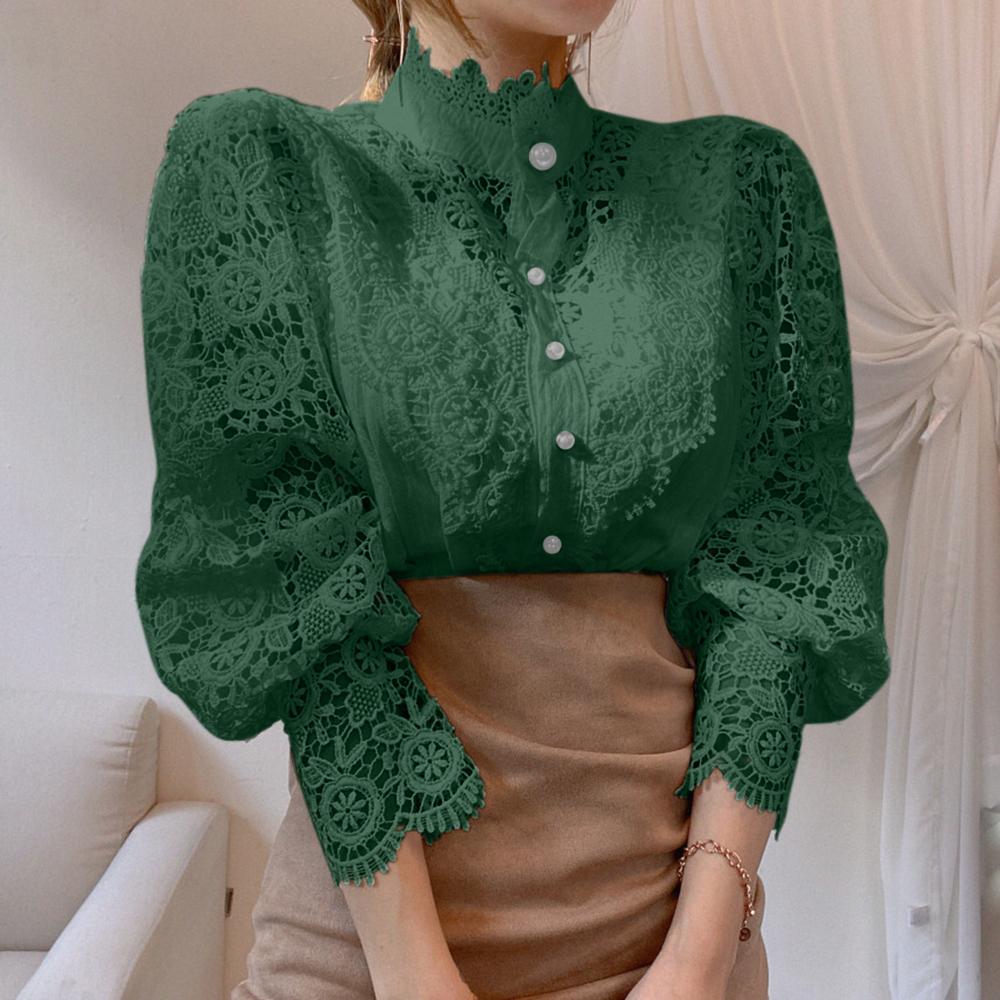 Frauen Stehkragen Spitze Patchwork Shirts Casual Aushöhlen Blume Blütenblatt Hülse Taste Tops Weiße Shirts für Frauen S dunkelgrüne