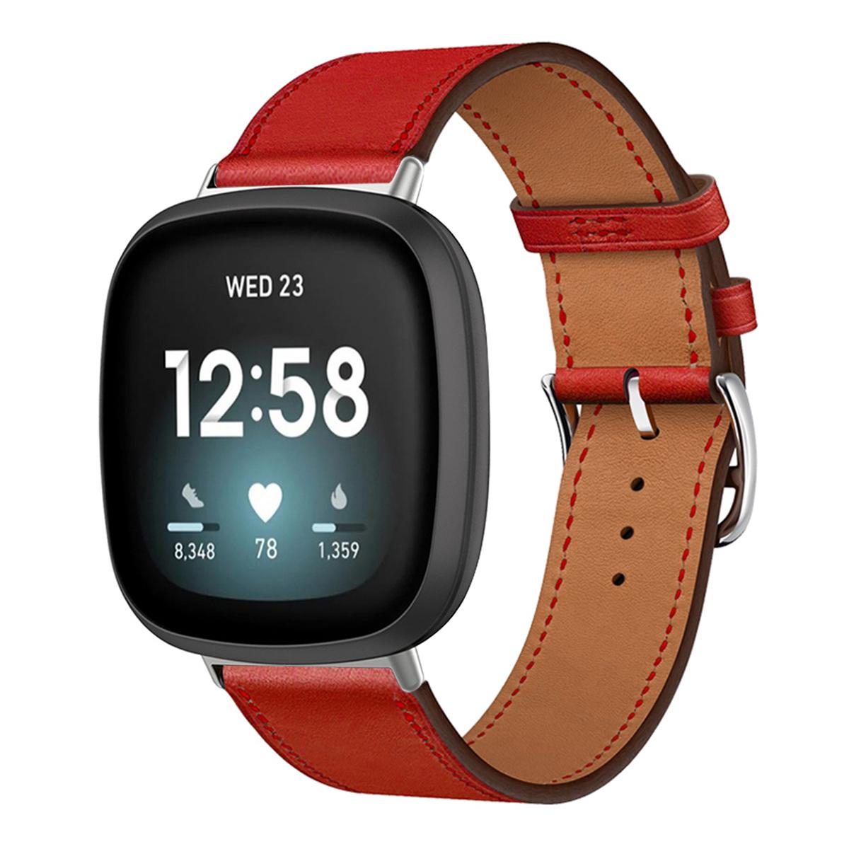 Echtes Lederarmband für Fitbit Versa 4 3 Versa Lite Armband Smartwatch Armband für Fitbit Sense 2/1/Versa 2 1 Correa Uhrenarmband Dornschließe For Fibit Lite rot