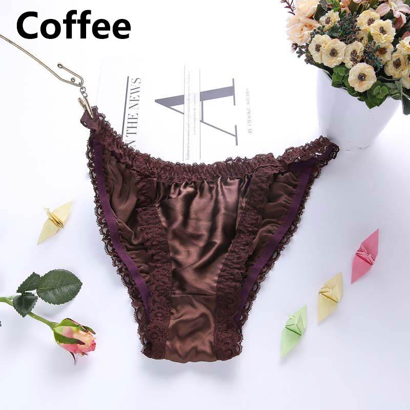Damenunterwäsche aus weicher Seide, Satin, Seidenhöschen, Dessous, Spitzenhöschen, G-String, Sommer-Slip L kaffeebraun