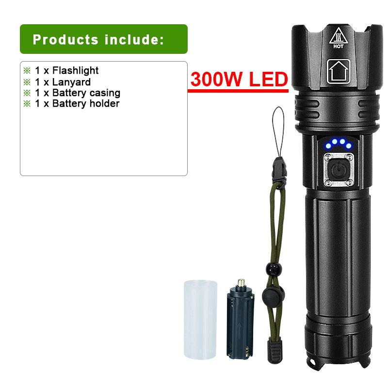 2000000 Lumen Hochleistungs-Taschenlampe 300W LED-Blitzlicht Aufladbare Taschenlampe 26650 Zoom Handlampe Wasserdichte Außenleuchte Campinglaterne Kit A schwarz