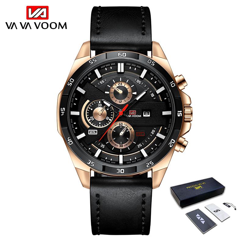 VA VA VOOM Männer Uhr Top Marke Luxus Sport Quarz Herren Uhren Edelstahl Armband Wasserdicht Chronograph Armbanduhr Männer Relogio masculino Leather Strap rose gold/schwarz