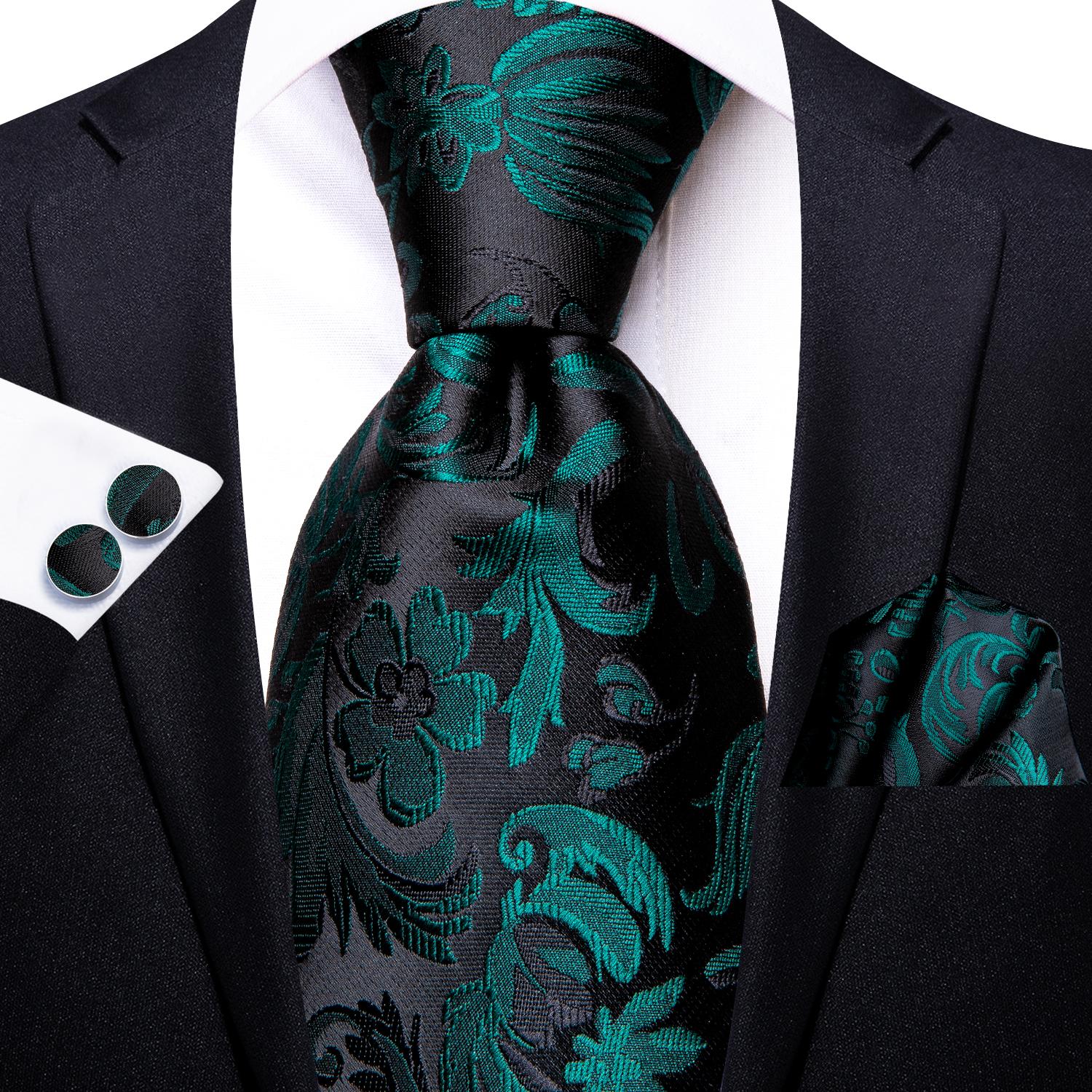 Hi-Tie Paisley Dunkelgrün Schwarz Herren Elegantes Krawatte Einstecktuch Manschettenknöpfe für Smoking Mode Klassisch Seide Luxus Krawatte für Mann black