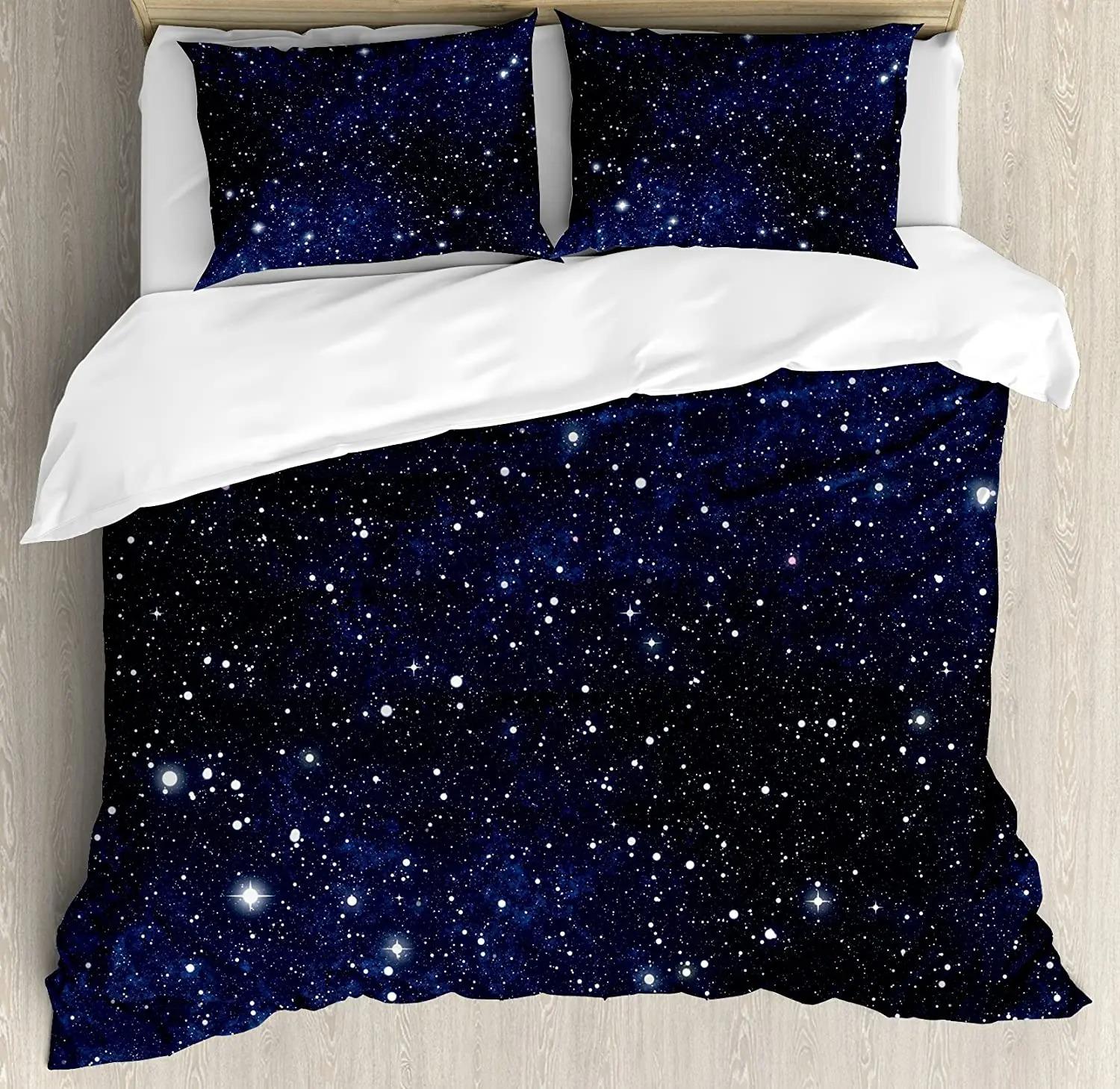 Sterne Bettwäscheset Nachthimmel Mädchen Jungen Bettbezugset Dunkelblau Heimtextilien Galaxie Bettwäsche Männer Frauen Weicher Steppdeckenbezug EU King(240x220cm)