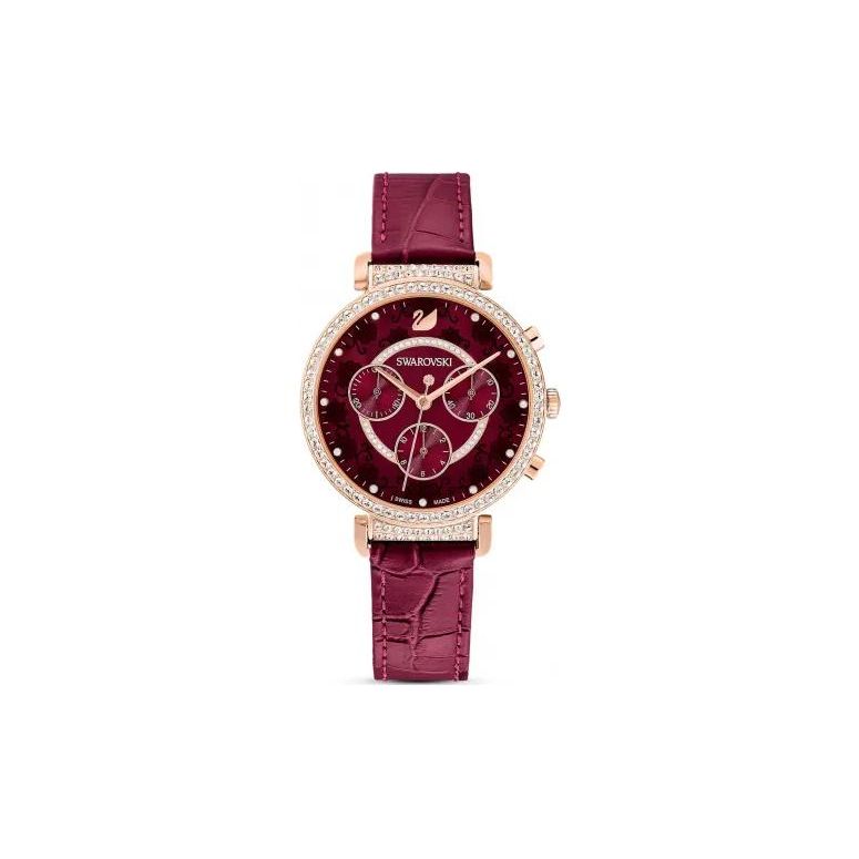 Swarovski Remix Collection Uhr Quarzwerk Lederarmband Rotes Zifferblatt Chrono-Uhr Krokodillederarmband Rot Damenuhren 5598689 Red Watch Dial