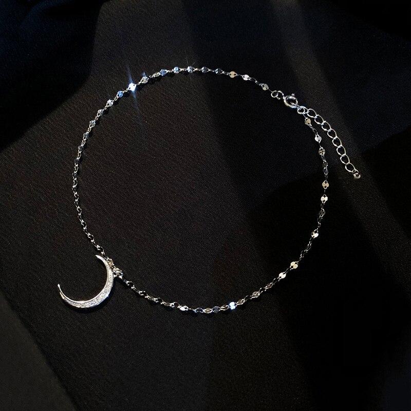 925 Sterling Silber Mond Zirkonia Fußkettchen Armband Zierliches Meniskus Fußkettchen Schmuck Für Frauen Sommer Strand Geschenk S -B321 black
