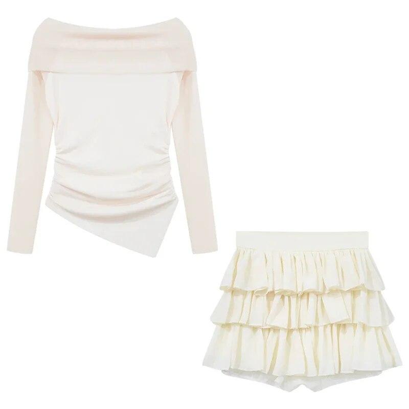 2024 frühling Zwei Stücke Rock Set Frauen Y2k Crop Tops T-shirt + Kuchen Röcke Japanischen Kawaii Mode Anzüge Chic outwear Koreanische M beige