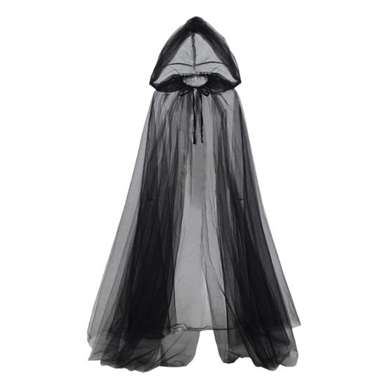 Halloween Cosplay Umhang Ghost Mesh Kapuze Kordelzug Plissee Bodenlang Gothic Mittelalter Performance Capes Kostüme Karnevalsmantel M schwarz