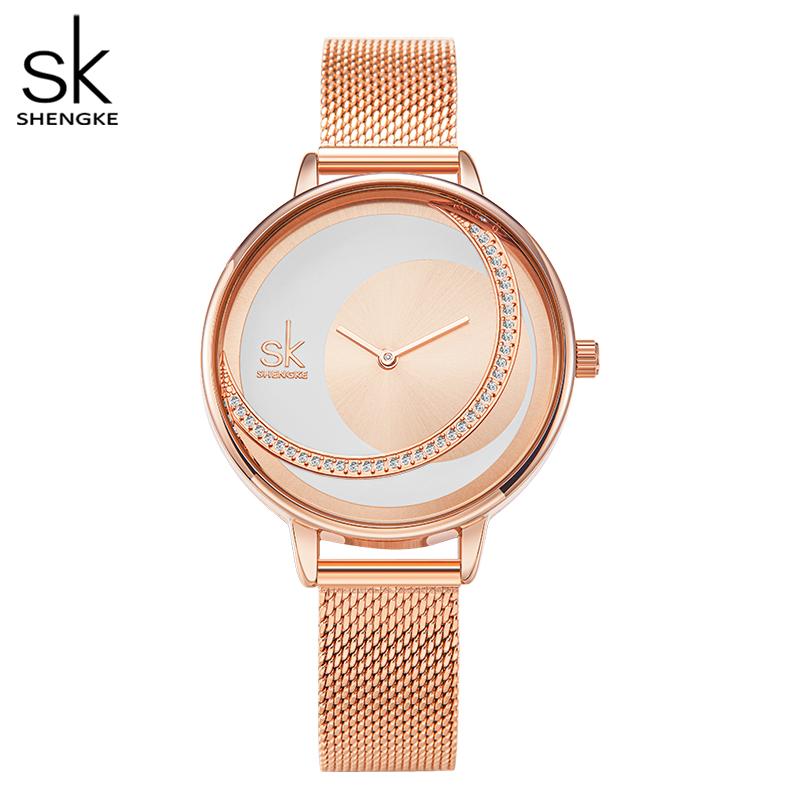 Shengke Kristall Frauen Uhr Luxus Marke Damen Kleid Uhren Original Design Quarz Armbanduhren Kreative SK Uhr Für Frauen hellrosa/goldgelb