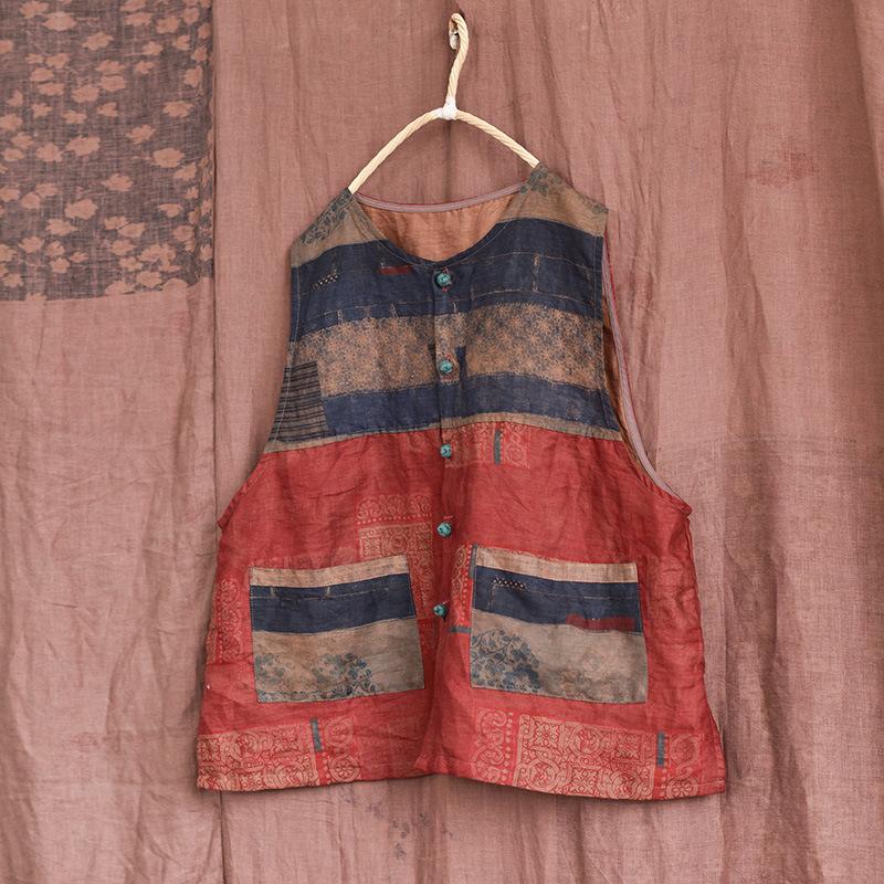 Johnature Damen Vintage Patchwork Farbe Westen Leinen Knopf Mäntel Ärmellos Frühling Taschen Damen Westen Mäntel One Size rot