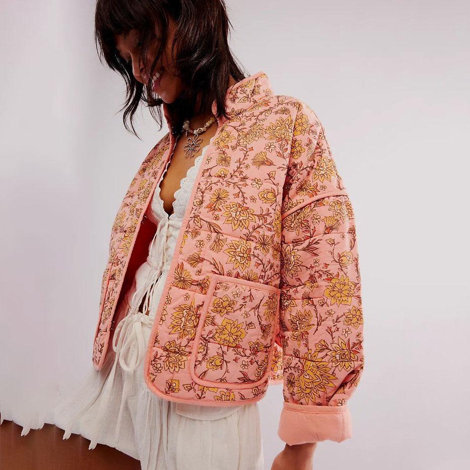 Bedruckte Gesteppte Baumwolljacke Damenmode Langärmelig Stehkragen Mäntel Damen Einreihig Lockerer Mantel Herbst Oberbekleidung M brown