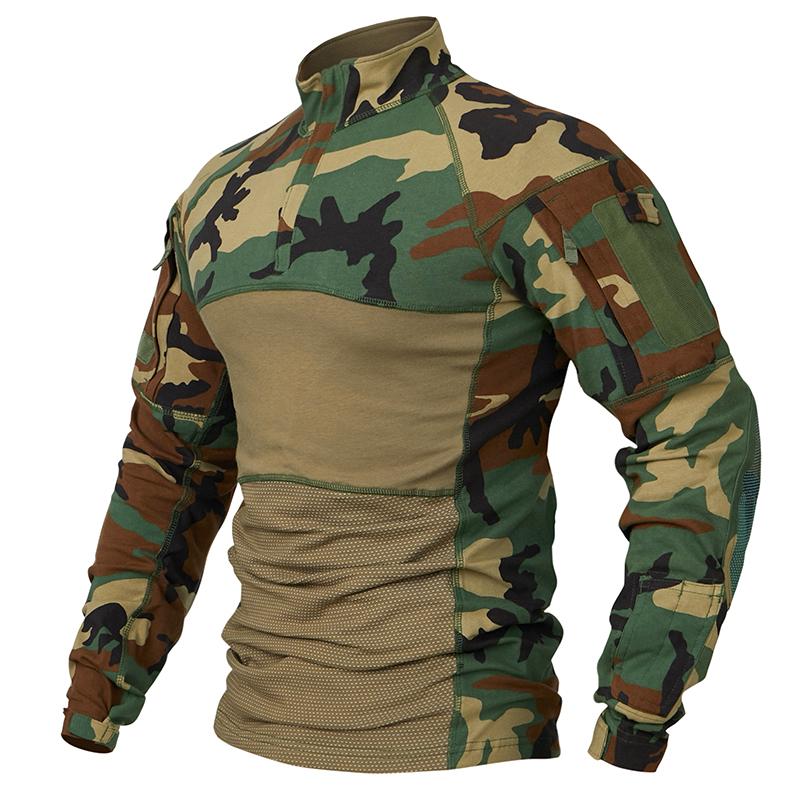 Camouflage Tactical Combat Shirt Männer Baumwolle Langarm Camo Militär T-Shirt Stretch Paintball Multicam Uniform Kleidung L holz braun
