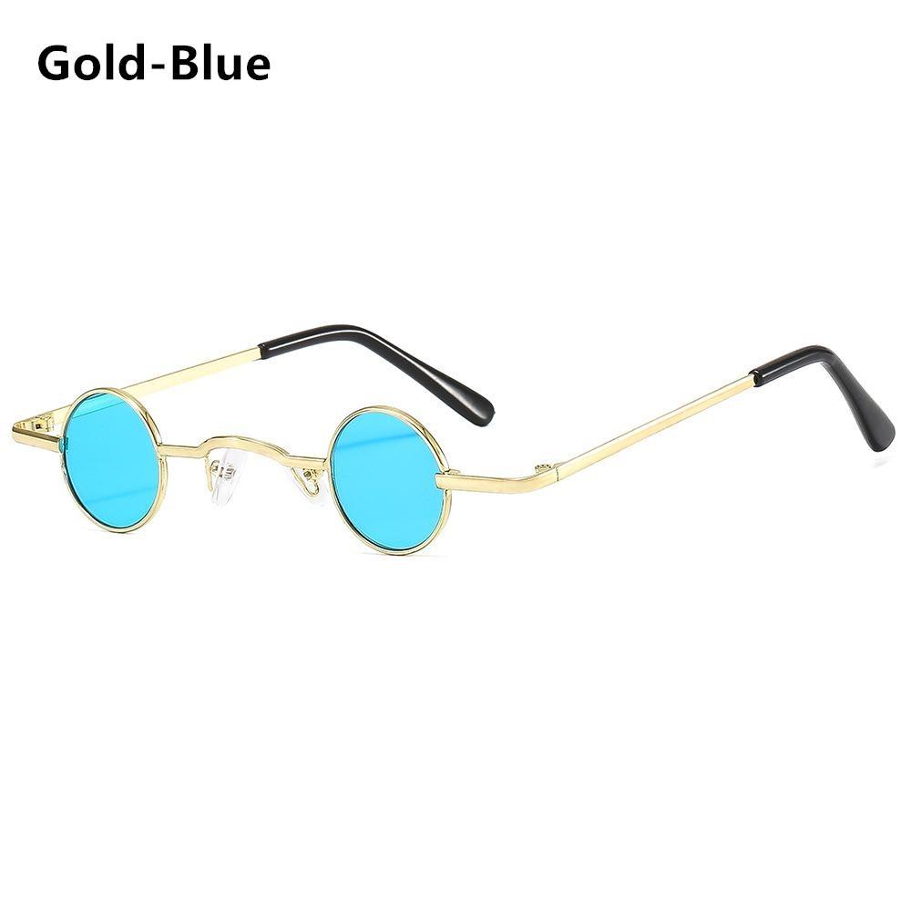 Kleine runde Antireflex-Sonnenbrille für Damen und Herren, Ultra-Mini-Metallrahmen, Hip-Hop-Punk-Sonnenbrille, Bonbonfarben, ins Mode blau/gold