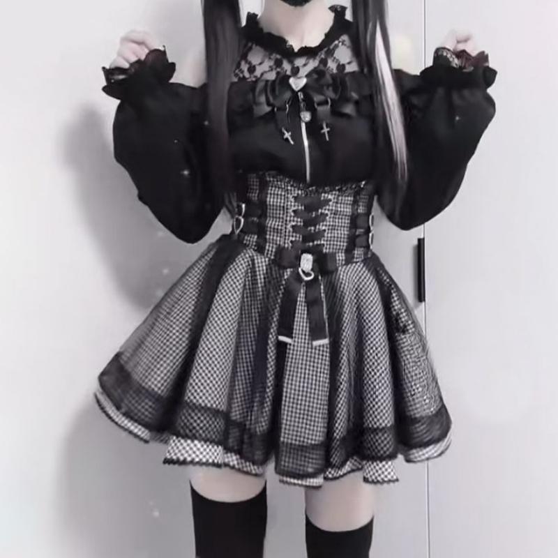 Japanischer Stil Gotisch Y2k Lolita Rock Set Damen Spitze Schulterfrei Schleife Bluse Karomuster Hohe Taille Röcke JK Uniform Anzug Motto Party XS schwarz