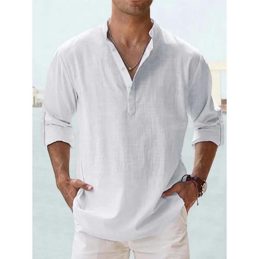 Neue Baumwoll-Leinen-Hemden für Herren, Freizeithemden, leichte Langarm-Henley-Strandhemden, hawaiianische T-Shirts für Herren, Streetwear US XL 80-90 KG weiß
