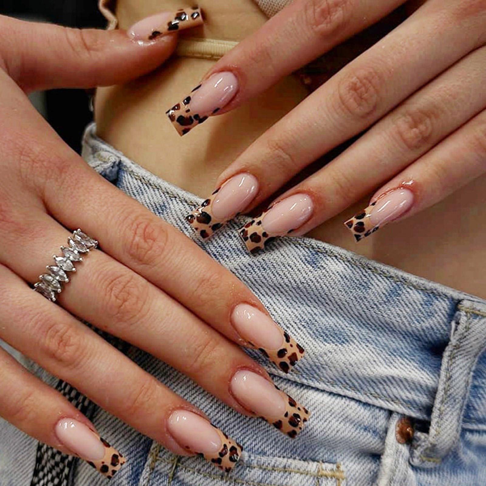 24 Stück lange Sargnägel zum Aufdrücken, Leopardenmuster, künstliche Nägel, Herbst, vollständige Abdeckung, zum Aufkleben, künstliche Nägel für Frauen