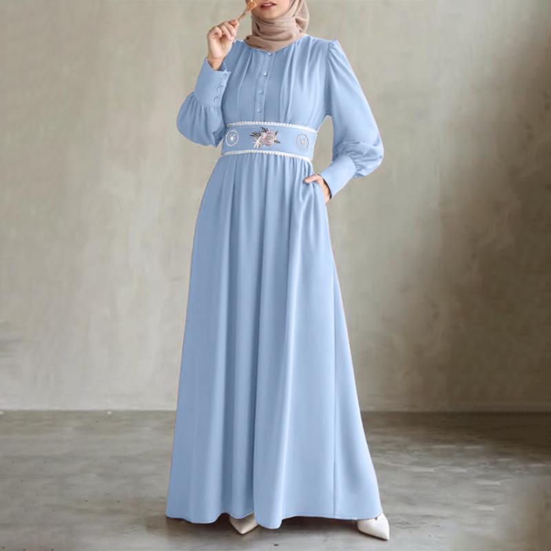 ZANZEA Muslimisches Freizeitkleid für Damen mit Rundhalsausschnitt, langen Ärmeln, lockerem Schnitt und Print M blau