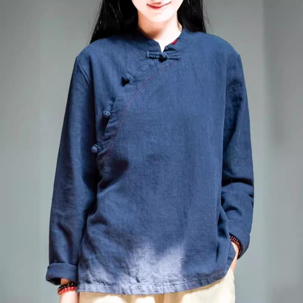 Herbst-T-Shirts mit chinesischem Design für Damen Atmungsaktives Damen-Baumwoll-Leinen-Hemd Bluse Chinesische Traditionelle Hanfu-Bluse 4XL blau