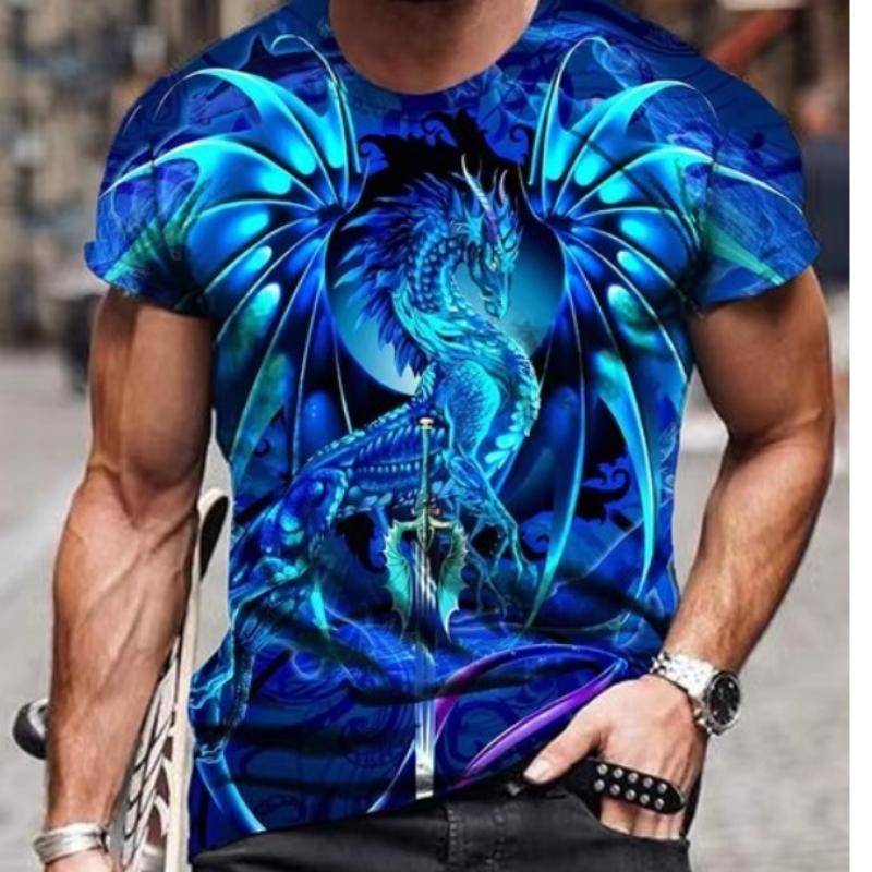 Modisches Herren-T-Shirt mit 3D-Drachen-Print, für den Alltag, lässig, kurzärmlig, für den Sommer, Outdoor, Straße, Herren, Top, Fitness, Sport, Herren-T-Shirt 6XL