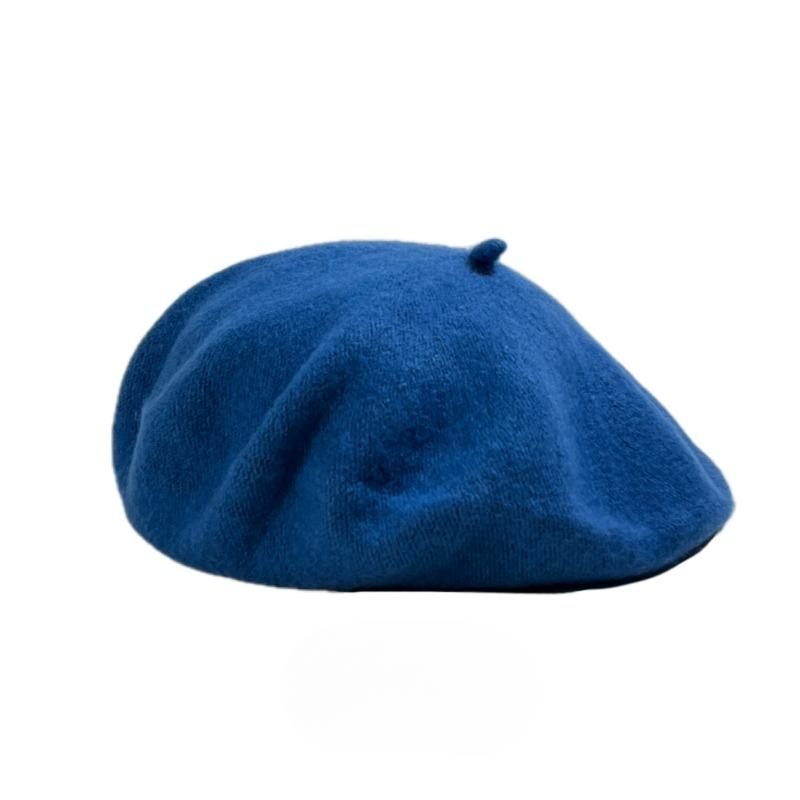 Wollbaskenmütze für Damen, Herbst/Winter, Retro, All-Match-Mützen, bonbonfarben, Maler, achteckig, Knospenhut one size denim-blau