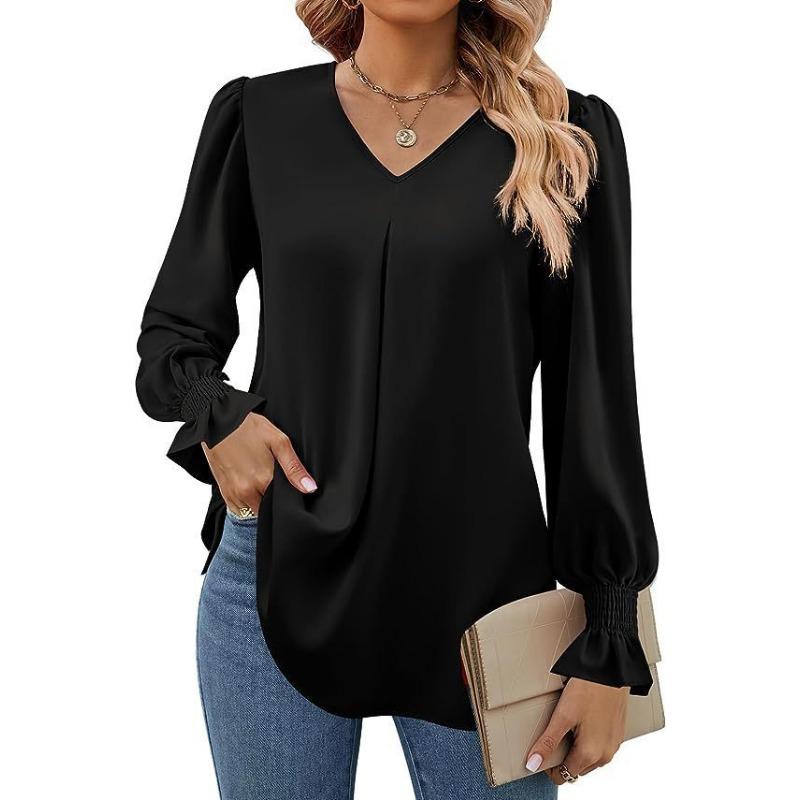 Damen Einfarbig Chiffon Pullover V-Ausschnitt Pullover Ausgestellt Langarm Bluse Bluse XL schwarz